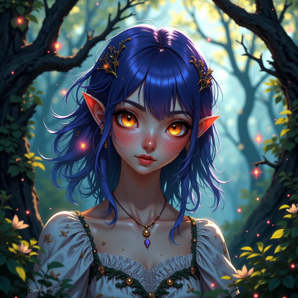 A pretty girl as a fairly, detailed face, detailed hair, in a forest wearing a skull with horns as her headband, purple long hair, blue eyes, real cartoon 3D, with some small light flies flying around her, fantasy, night version, sparkling riches, highest quality,