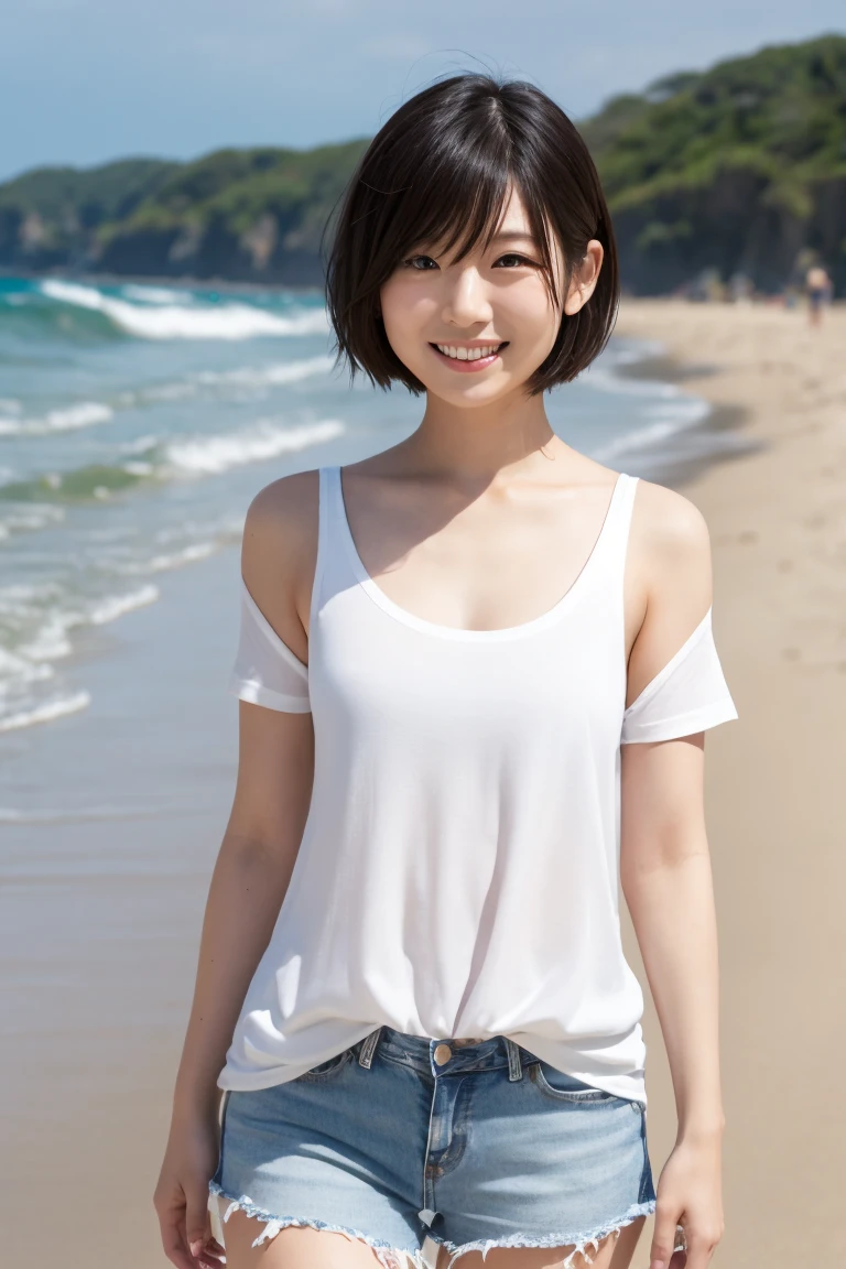 1 japanese woman, short hair, wearing white tunk top, short denim, at beach, cowboy shot, smile
