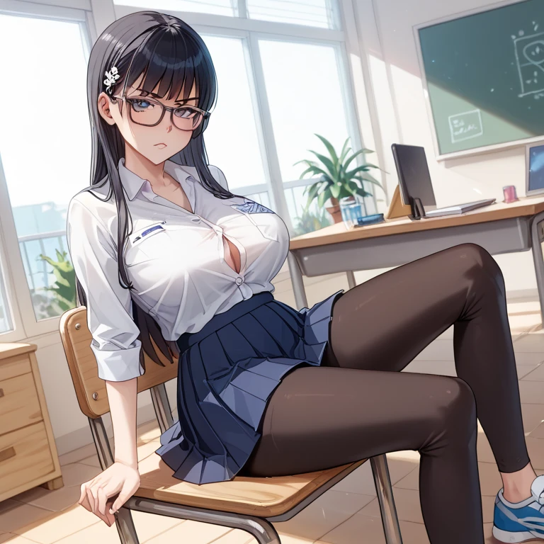 #Basics Girl posing for a photo, animeのcute少女, ((One Girl)), ((Baby Face:1.5)), ((cute:1.5)), (()),
break
#Clothing Accessories
((A white dress shirt partially unbuttoned around the neck:1.2) + (shiny black pencil skirt) + (Black Pantyhose) + (Glossy black high heels) + (Black intellectual glasses)),
((Blue gemstone earrings)), (Silver Necklace),
break
#Features
((Black Hair:1.2)), ((blunt bangs:1.2)), ((Straight Long Hair) : Straight hair),
((Big eyes:1.4)), ((blue eyes)),
(Small breasts:1.2),
(White skin),
break
#background environment
((noon, A brightly lit school classroom, blue sky)),
#Facial Expression Pose
((Glaring expression) + (Disgust) + (A condescending expression:1.2)), ((Confident、Powerful、Intimidating and condescending、Sitting at a desk with legs crossed)),
#composition
((Angle from below)), ((Cowboy Shot)),
break
#Body parts elements
(Slim figure),
(Symmetrical facial features),
(Detailed Hair, Beautiful Hair, Shiny Hair),
(double eyelid, Long eyelashes, Thin eyebrows:0.5),
(Detailed eyes), (Beautiful Eyes), (Sparkling eyes), Glitter Eyeliner,
(Human Ear),
(Beautiful Nose, Thin Nose),
(Glossy Lips, Beautiful Lips, Thick lips),
(Detailed skin, Textured skin, Beautiful Skin, Oily skin),
break
#quality
(((最高quality)), ((masterpiece:1.3)), ((Very detailed))), ((Ultra-high resolution)), ((16K)), ((1080P)), ((Full HD)),
((Anatomically correct)), ((Realistic)), (3DCG), ((oil)),
((comics, anime)), (CG illustration), (RAW Photos),