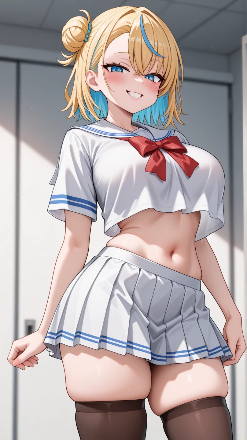 a beuatiful european girl,cute girl,perfect body,medium perky tits,make up,blush,blushing,embarrassed,shy smile, blue eyes,perfect face,detailed background,extremely detailed cg unity 8k wallpaper,masterpiece, best quality, ultra high res, shiny skin,white pale skin,long hair,blonde,large blue eyes,earring, higashikaisatsu, shinjuku, entrance, scenery, indoors, real world location,jacket,white tanktop,miniskirt,baseball cap,sneakers,ponytail,white thigh-high socks,garter straps,groin,navel,standing,from below,panty peek,