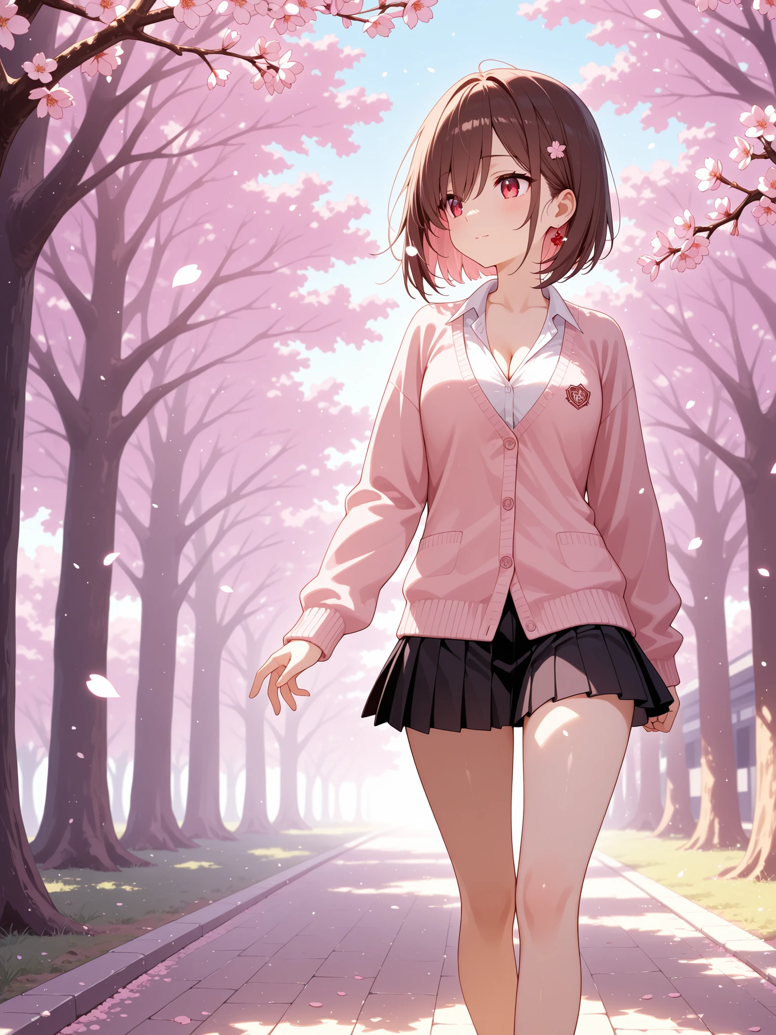 flat anime, walking home after school with cherry blossom trees in the background。The bare legs of a 20-year-old brown-haired bob woman wearing a pale pink cardigan showing cleavage and a black pleated miniskirt sway gracefully。with fluttering petals entwined in her hair、the hem of the cardigan flips every time the wind grazes her cheeks。The twilight sky and cherry blossoms overlap、wrapping her slightly sad profile、showing a moment where small expectations and anxiety about the future intersect。