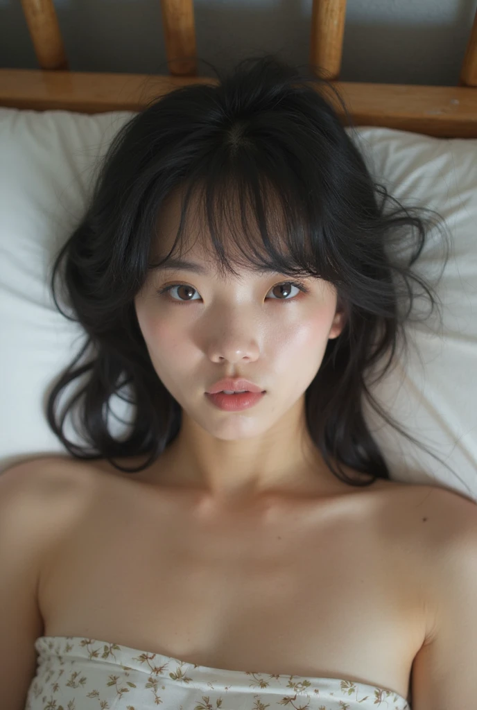 Beautiful short-haired Thai teenage girl on the bed, wearing underwear, Looks a little sick , Take a selfie