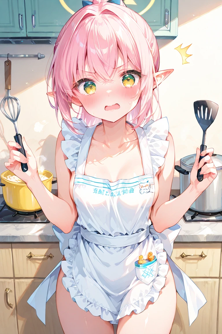 cute mature girl, (dark skin++), pointy elf ears, pink hair, messy bun, black ribbons on hair, naked, tight apron, exposed body, big boobs, mixing milk in a bowl, spilt milk on body seductively, (kitchen),
