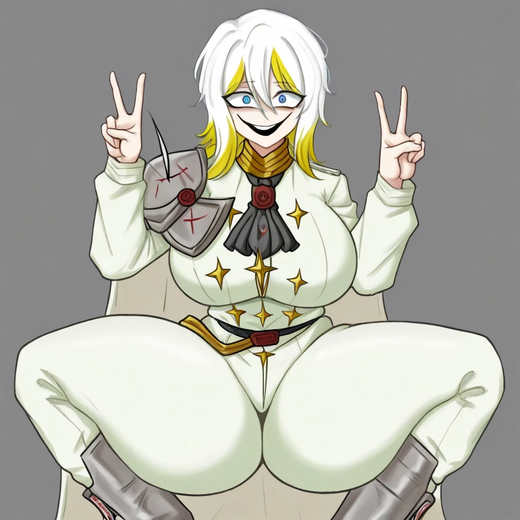 (Score_9, score_8_up, score_7_up,) close up, 1futa, sitting on throne, legs spread, smirking, touching cock, chin rest, long white spikey hair, huge veiny penis, white eyes, full lips, muscular, wide shoulders, thin waist, wide hips, massive sagging breasts, decorated armored strapless black dress, cleavage, one shoulder pad, bracers, gold accents, lightning aura, bare legs, Nyantcha Style, source_anime, rating_explicit 