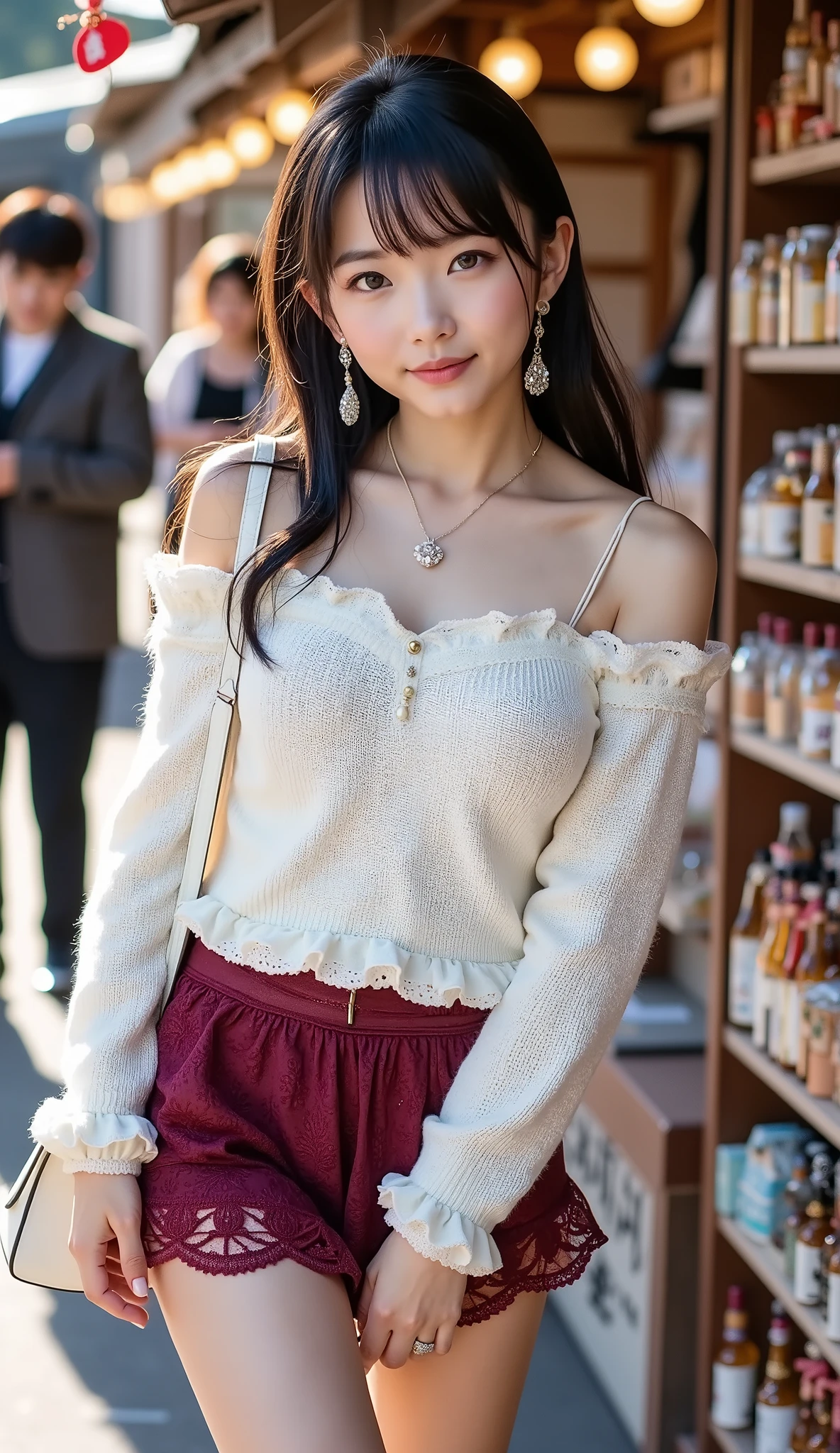 ((full body shot:1.5))、(A petite young Japanese woman touring a mountain tourist spot)、shopping at a small souvenir shop in a tourist area、tourists、A woman choosing souvenirs from tourist spots、((dating))、morning、big smiles、((white off-shoulder knitted sweater with lace frills))、(burgundy lace ruffled flared mini skirt)、beautiful thick thighs、white frilly socks、wine-red pumps、small white shoulder bag、simple necklace、Simple Ring、simple earrings、white skin、BEAUTIFUL BLACK HAIR、straight long hair、light makeup、(dynamic pose:1.4)、(Beautiful huge breasts)、Accurate depiction of hands and feet、RAW pictures、16K、Reality、professional photography techniques、Ultra High Definition、16K、Real Photo