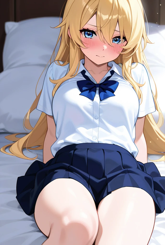 girl with：I'm a pretty girl with blonde hair and blue eyes.。I'm about 。wearing white frilled blouse。She wears a blue ribbon around her neck.。in classroom,lying down on the desk。upskirt,detailed race panties showing,((cute panties)),((detailed race panties))