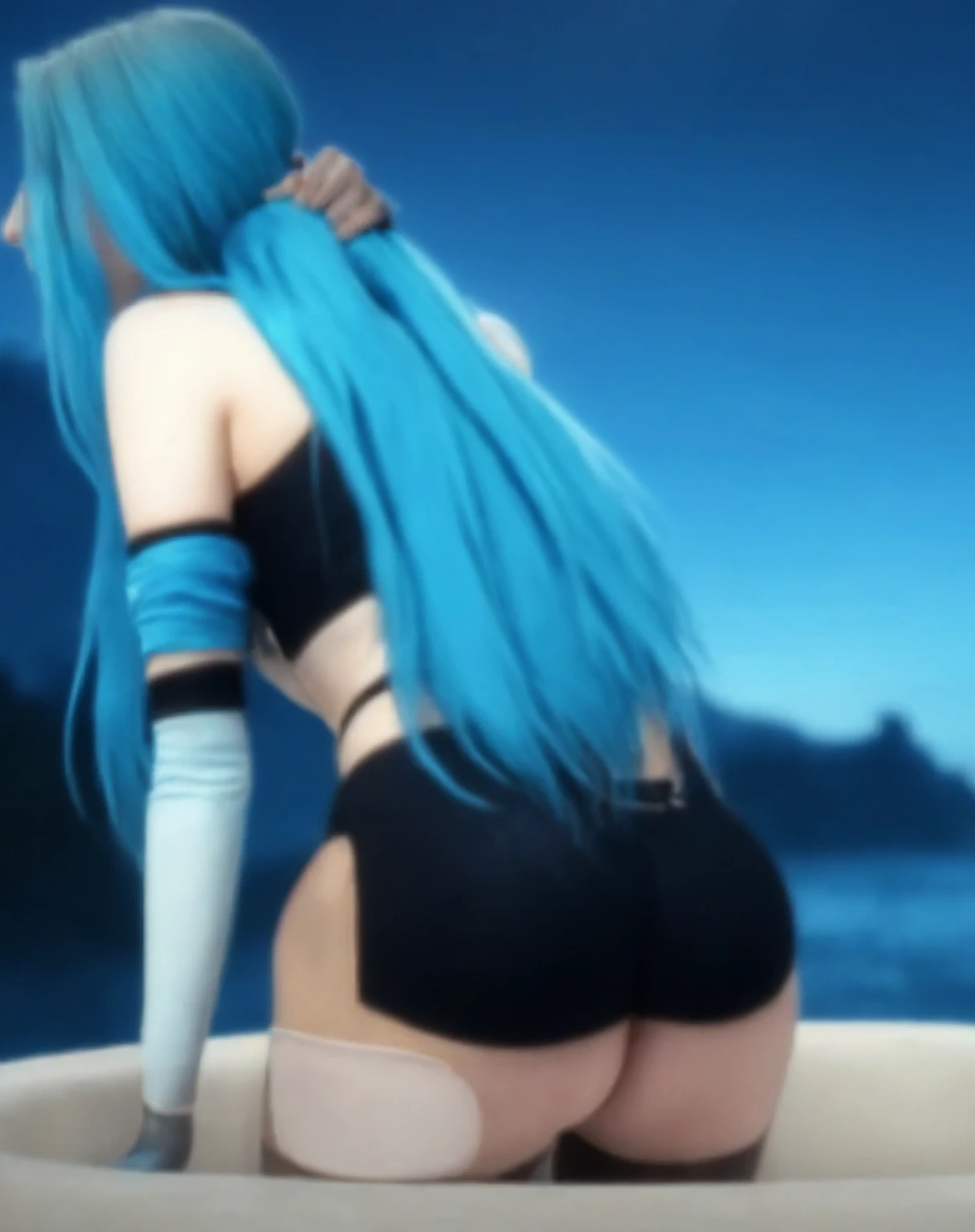 Aqua Konosuba, (maid costume, белые stockings, White gloves, blue corset, white panties, garter, stockings), Long legs, Nice ass, round ass, (crawls on all fours:1.2), back view, (Focus of the ????:1.3),masterpiece,8 thousand.,and the sun was shining brightly,sexy pose