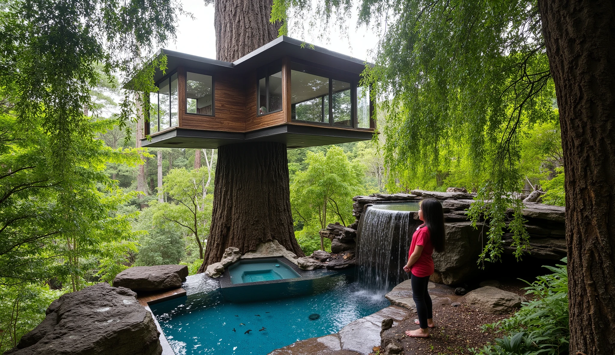 (treehouse:1.5),(巨木のレッドウッドの上にある巨大treehouse:1.5),(treehouse:1.5),(Modern 3-storey mansion standing on a giant tree:1.5)、There is a luxurious pool、(A waterfall cascades down from natural bedrock:1.5)、A girl is standing、(巨木のレッドウッドの上にある巨大treehouse:1.5)
