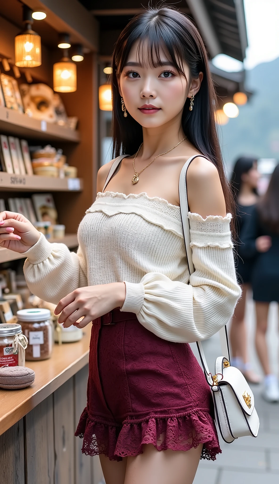 ((full body shot:1.5))、(A petite young Japanese woman touring a mountain tourist spot)、shopping at a small souvenir shop in a tourist area、tourists、A woman choosing souvenirs from tourist spots、((dating))、morning、Side face picking products on the shelf、((white off-shoulder knitted sweater with lace frills))、(burgundy lace ruffled flared mini skirt)、beautiful thick thighs、white frilly socks、wine-red pumps、small white shoulder bag、simple necklace、Simple Ring、simple earrings、white skin、BEAUTIFUL BLACK HAIR、straight long hair、light makeup、(dynamic pose:1.4)、(Beautiful huge breasts)、Accurate depiction of hands and feet、RAW pictures、16K、Reality、professional photography techniques、Ultra High Definition、16K、Real Photo