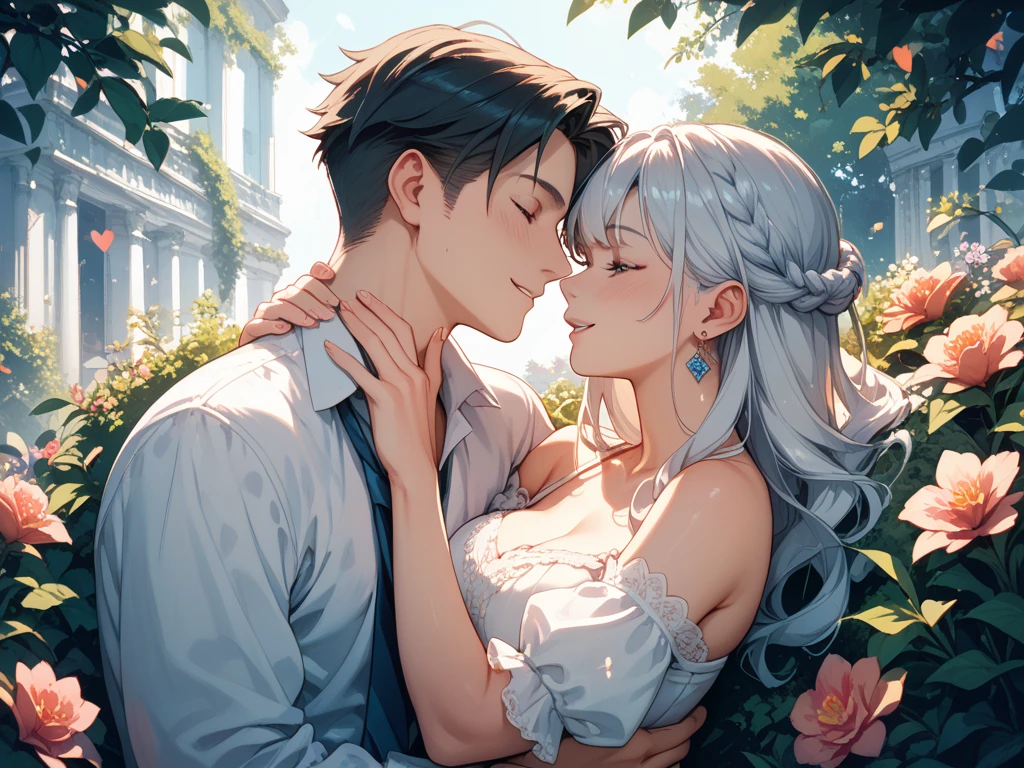 ((Absurd, taller than, Ultra HD)) 1 male, 1 female,mature, Kiss each other, Girl sitting at the sink, The man stood in front of her、Bend slightly towards her, The man is shirtless, Wearing blue jeans ,woman wearing beautiful pink dress, Wisteria flowers blooming all around, beautiful, landscape, romantic,((calm and romantic expression:1.2)) ,Pixiv, Digital Painting, Manly men, beautiful elegant woman, (Stylish grey hair for men), (Women&#39;s long brown hair)