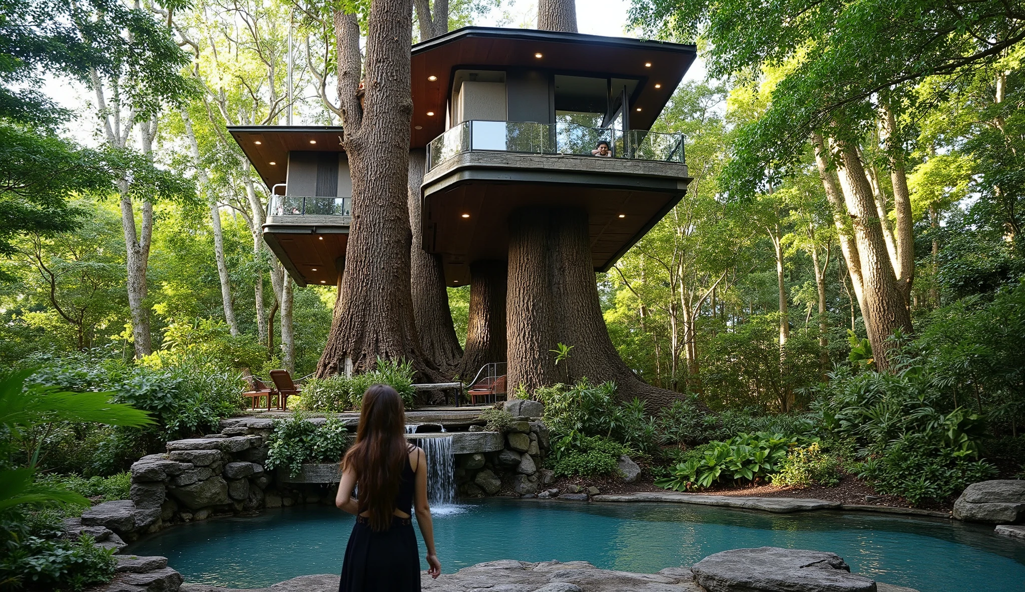 (treehouse:1.5),(巨木のレッドウッドの上にある巨大treehouse:1.5),(treehouse:1.5),(Modern 3-storey mansion standing on a giant tree:1.5)、There is a luxurious pool、(A waterfall cascades down from natural bedrock:1.5)、A girl is standing、(巨木のレッドウッドの上にある巨大treehouse:1.5)