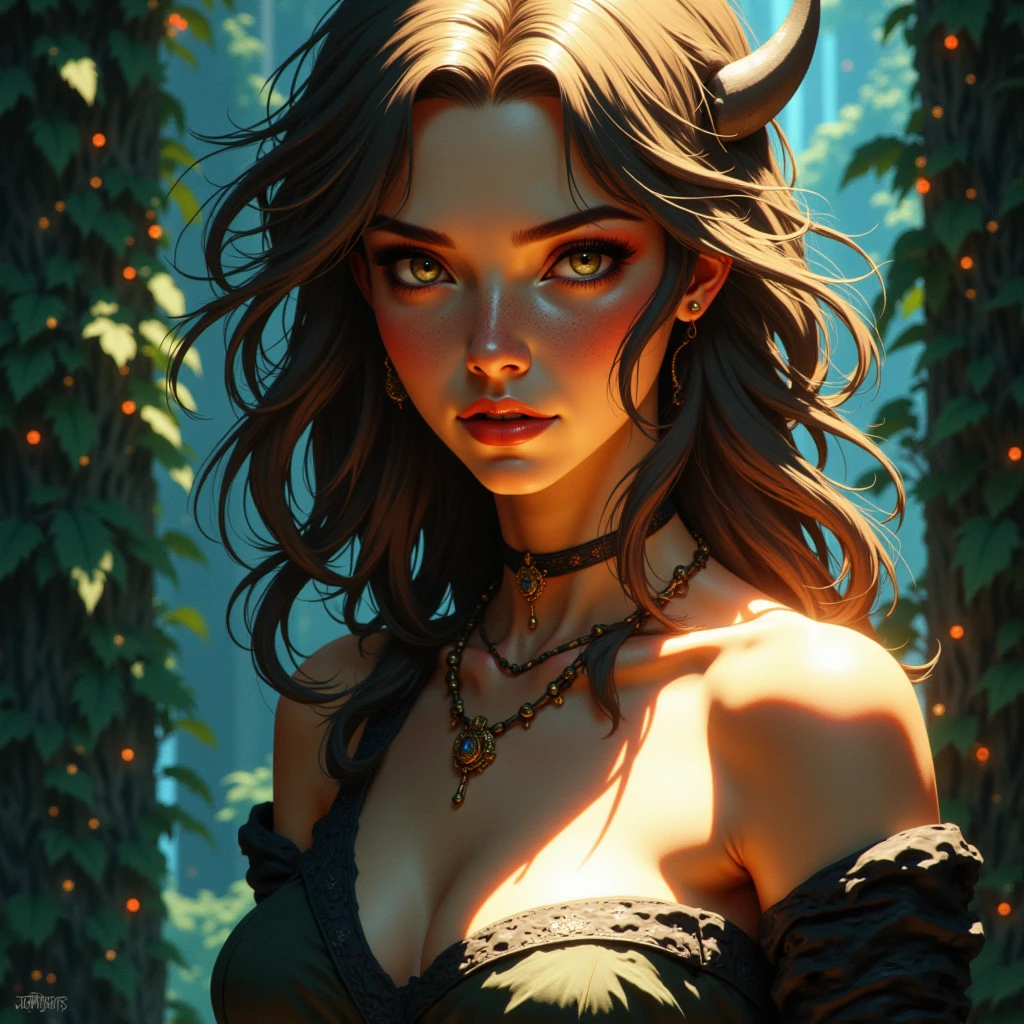Masterpiece Portrait, Hdr, volumetric lighting, Beautiful Woman, solo, long curly hair, green hair, holding, golden eyes, yellow shirt, outdoors, pyromancer, magic and mysticism, kinetic, shadow, antlers, satyr, final fantasy, pan, druidic, solstice, queen,