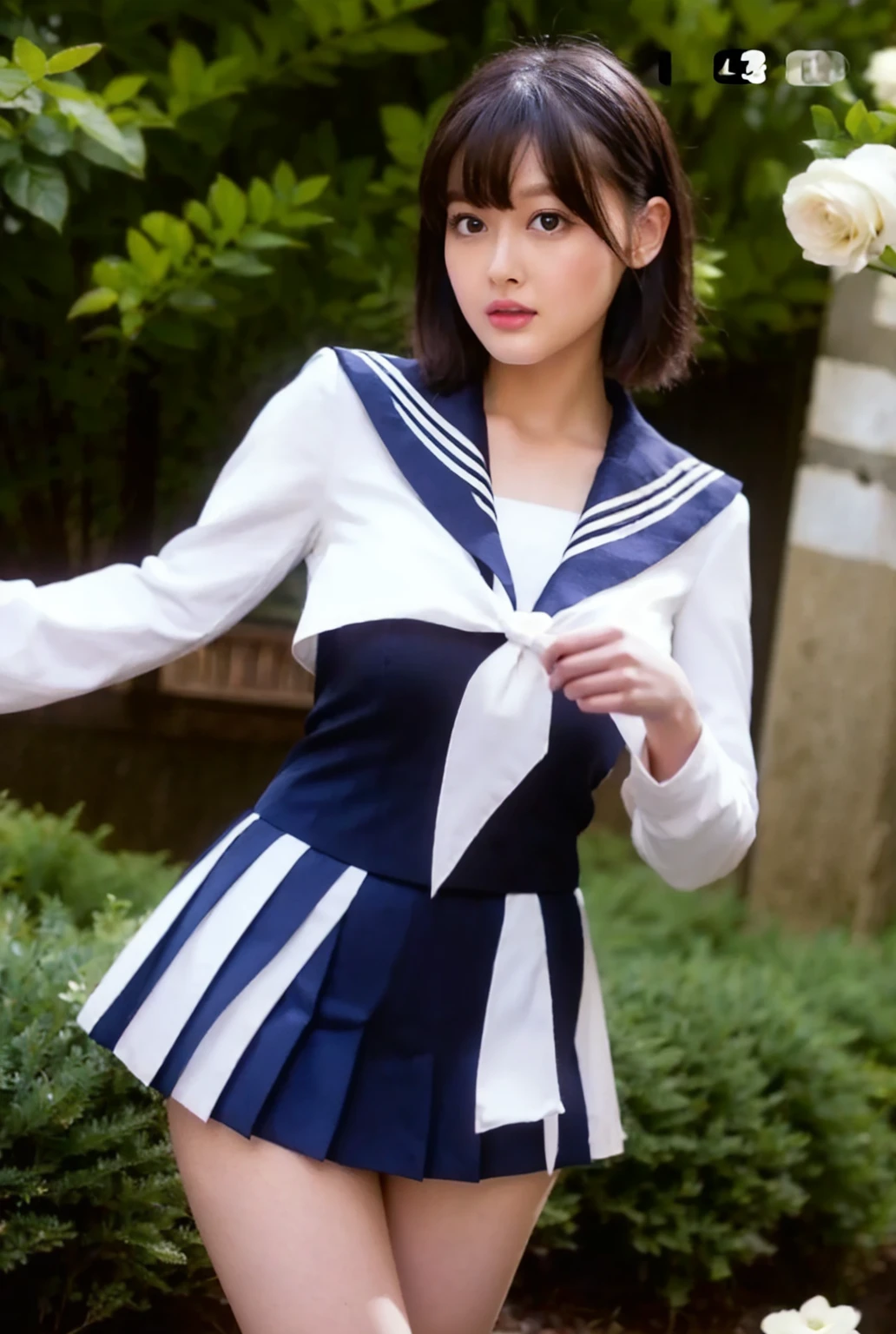 ((((highest quality))))、(((Ultra-high precision CG16K wallpaper)))、(((masterpiece)))、(((Ultra-detailed)))、(((Ultra-extreme detail)))、1men and women、 woman、16歳のwoman、((The Face of Japan))、((Very beautiful face))、((Sasaki Nozomi:1.5))、((Straight short bob hair:1.3))、(Shiny Hair)、Bangs up to eyebrows、Beautiful brown hair、Beautiful and delicate eyes、Brown eyes、Raise your eyebrows、High nose、Small nostrils、Small Mouth、Seductive lips、Open your mouth a little、Beautiful breasts、C cup size breasts、Cleavage、Plump body、Perfect Proportions、Perfect Anatomy、Perfect composition、Beautiful subtle shadows、Beautiful natural light、Beautiful details sparkle、Depth of written boundary、(((High saturation)))、(((Realistic:1.9)))、((vivid:1.4))、((Beautiful Skin))、((Skin Texture))、((Realisticな皮膚感))、(((Head to thigh shot:1.5)))、((Front angle:1.5))、((Surprised face with mouth open:1.3))、(The eyes that see me)、Dazzling sunlight、(((Standing in the woods:1.3)))、(Standing pose)、(((Schoolgirl uniform、Wearing a sailor suit:1.5)))、(((Wear high socks:1.5)))、、((Sexy panties in full view:1.0))、((Spread your legs wide:1.5))