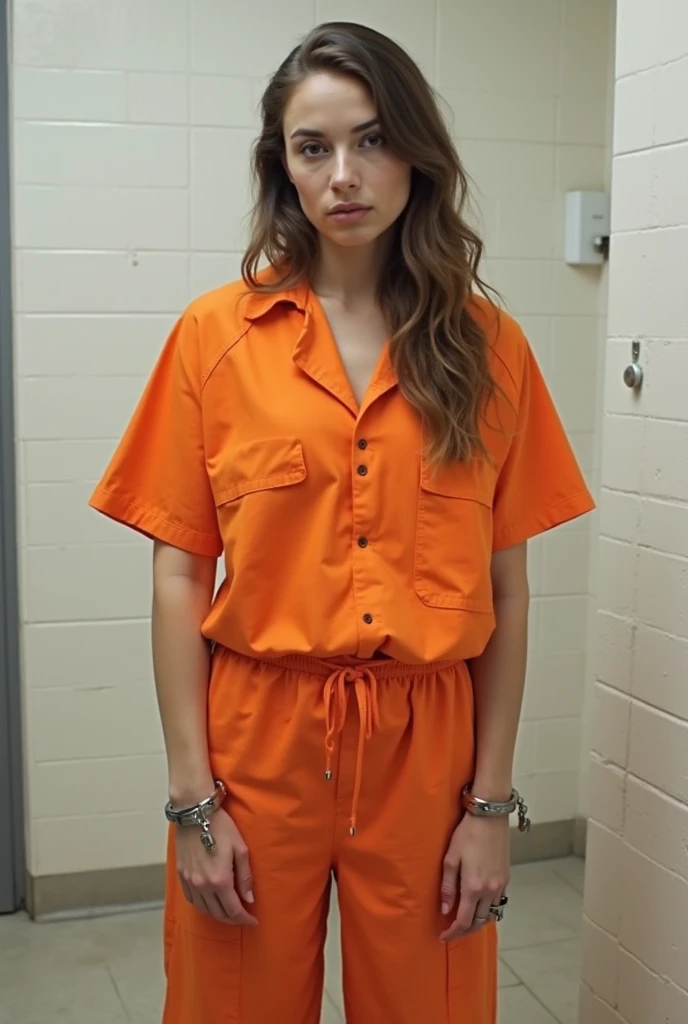 Instagram model, ultra realistic, blonde, tanned, perfect body, perfect face, kneeling on bed, inmate, dark lighting, prison cell, orange prison jumpsuit, (((handcuffs)))