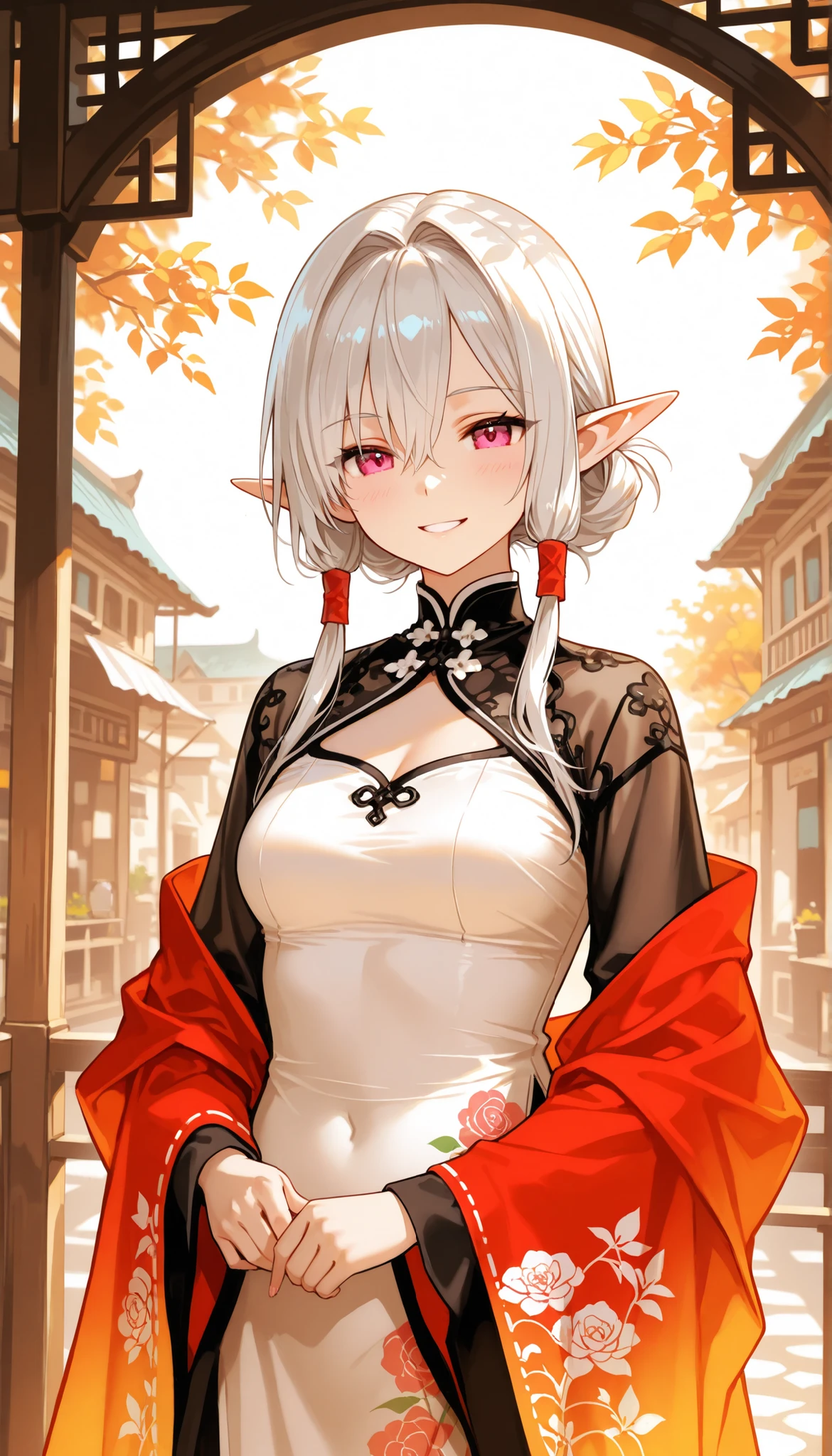 A beautiful elf woman wearing a traditional Vietnamese ao dai, with long silver hair and pointed ears. She is smiling and acting as a local tourist guide in a fantasy-meets-modern setting, resembling the old town of Hoi An. Her elegant ao dai features floral patterns, and she holds a tourist brochure in one hand. The scene blends fantasy elements with Vietnamese culture, showing her gracefully adapted to human society. Soft daylight, warm color tones, cinematic atmosphere, fantasy realism.