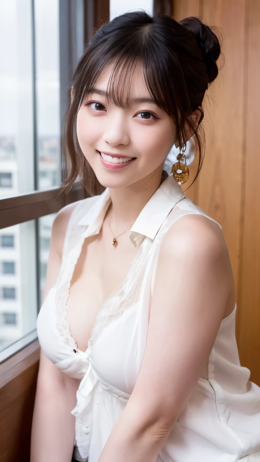 Authentic, highest quality, high resolution, natural skin, portrait, Japanese woman, regular woman, smile, mature woman, in front of a white wall, above the knee, cleavage, view with caution