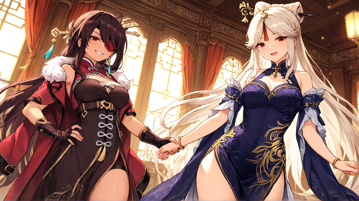 masutepiece, Best Quality,Unity 8k壁纸, ultra-detailliert, Beautiful and aesthetic, Beautiful, Official art, Amaterasu Priestess, SanDisk, Solar Flare Spell, Blessing of the Sun Goddess, divine intervention,Colossal tits、full body Esbian、A bell hangs on his chest huge udder High exposure Black costume Black Impulse