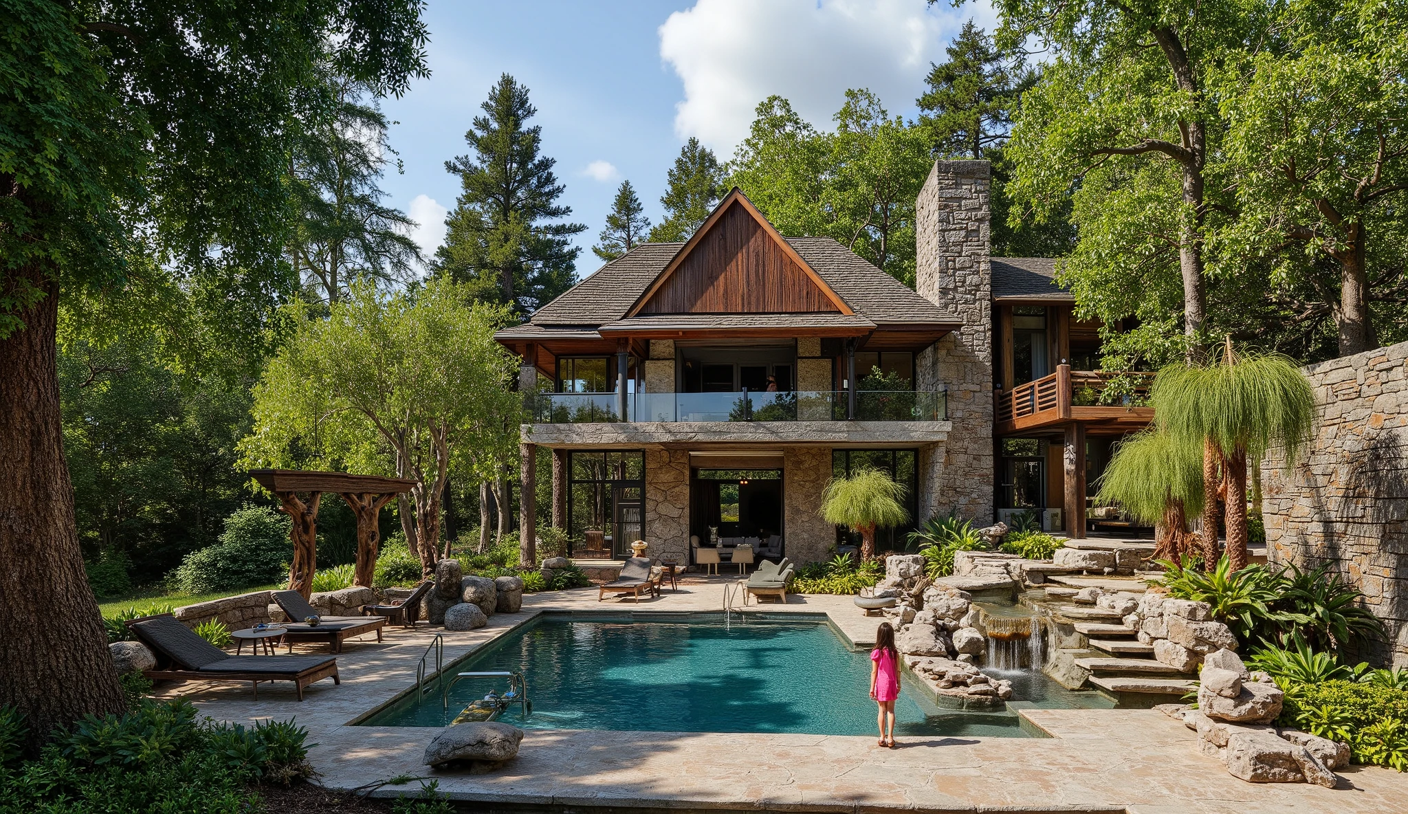 (巨大なtreehouseと豪邸ビルの融合:1.5),(巨木のレッドウッドの上にある巨大treehouse:1.5),(treehouse:1.5),(Modern 3-storey mansion standing on a giant tree:1.5)、There is a luxurious pool、(A waterfall cascades down from natural bedrock:1.5)、A girl is standing、(巨木のレッドウッドの上にある巨大treehouse:1.5)