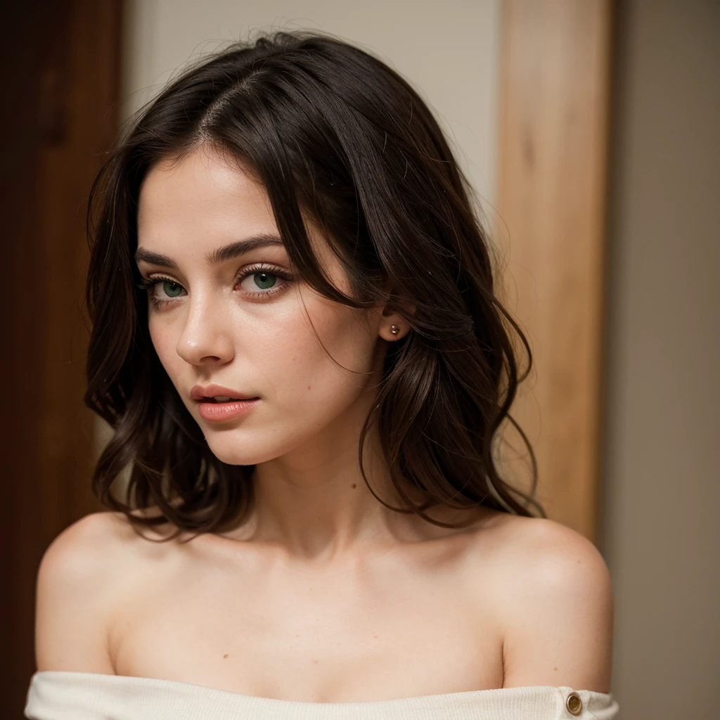 beautiful girl with realistic black eyes, pale skin, mid-length black hair, ??? on perfect face, perfect eyes, wearing sheet sundress, highly detailed, comprehensive cinematic, digital painting, 8k, cinematic lighting, best quality, highres, detailed work, post-processing, perfect result, hyper realistic