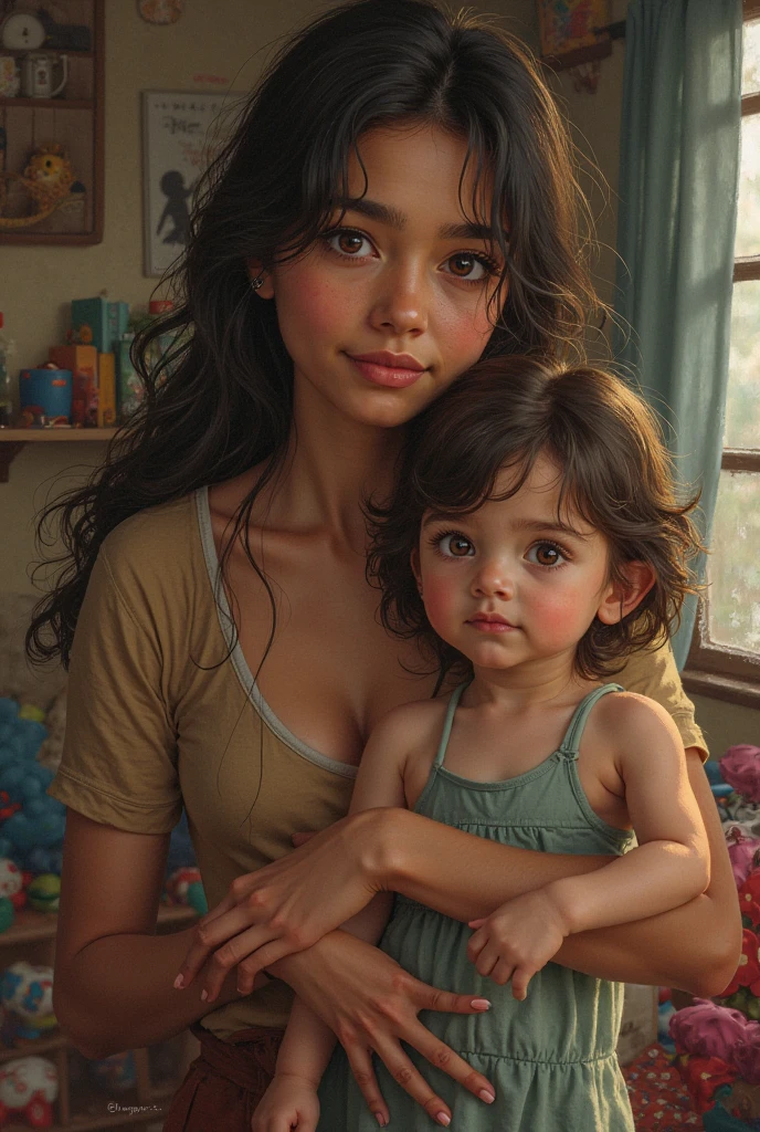 Warm balcony,Clothes to dry,Young mother holding little boy,Black hair,photo realistic