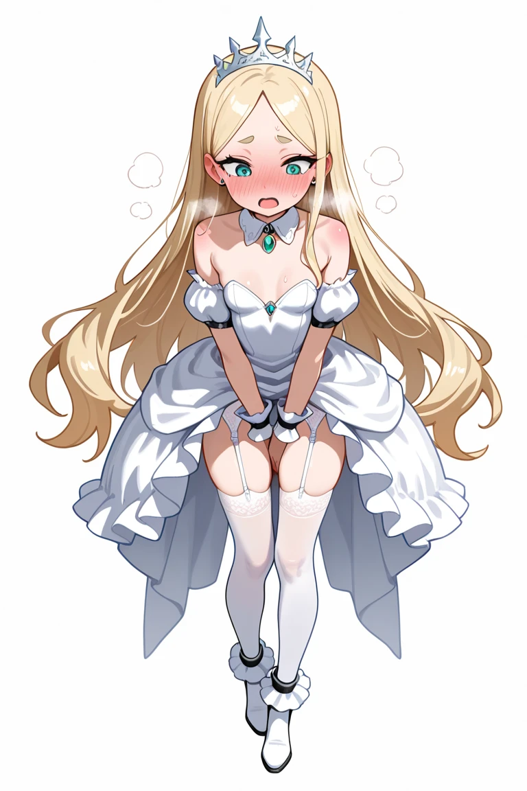 eqlc, 1girl, long hair, solo,  naked body, evening dress(ornate dress), long dress, blonde hair, blue eyes, white gloves,lovely small breasts, flat chest, bow, bangs, covered navel, detached collar, a weary face,parted lips, nose blush, blush,facing viewer, looking at viewer, in the livingroom, wall, kabedon pov, kabedon against wall, standing, spread legs,top view 