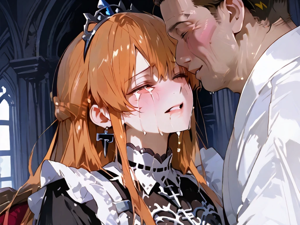 ((Highest quality)), ((masterpiece)), (detailed), （Perfect Face）、The woman is Princess Leona, with light brown, medium-long hair, wearing a Victorian maid outfit and giving a blowjob.、The woman has been brainwashed, has a blank expression, and has no highlights in her eyes. She puts her hands around the waist of the aristocrat and hugs him, sucking his semen-covered penis deep into her mouth while giving him a blowjob.、The man is ejaculating with great force, his penis is wet with semen, and his testicles are being massaged by the woman.