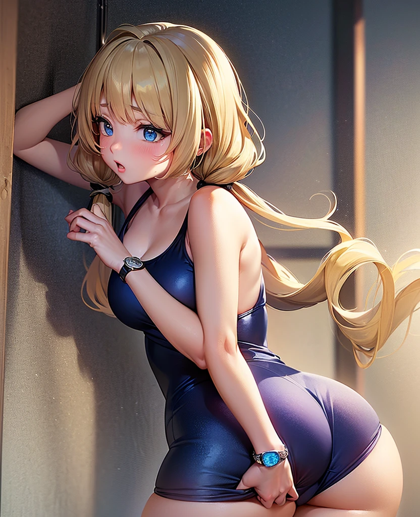 1lady solo, /(competition swimsuit/), mature female, /(blond hair/) bangs, blush kind smile, (masterpiece best quality:1.2) delicate illustration ultra-detailed, large breasts BREAK /(lockerroom indoors/)