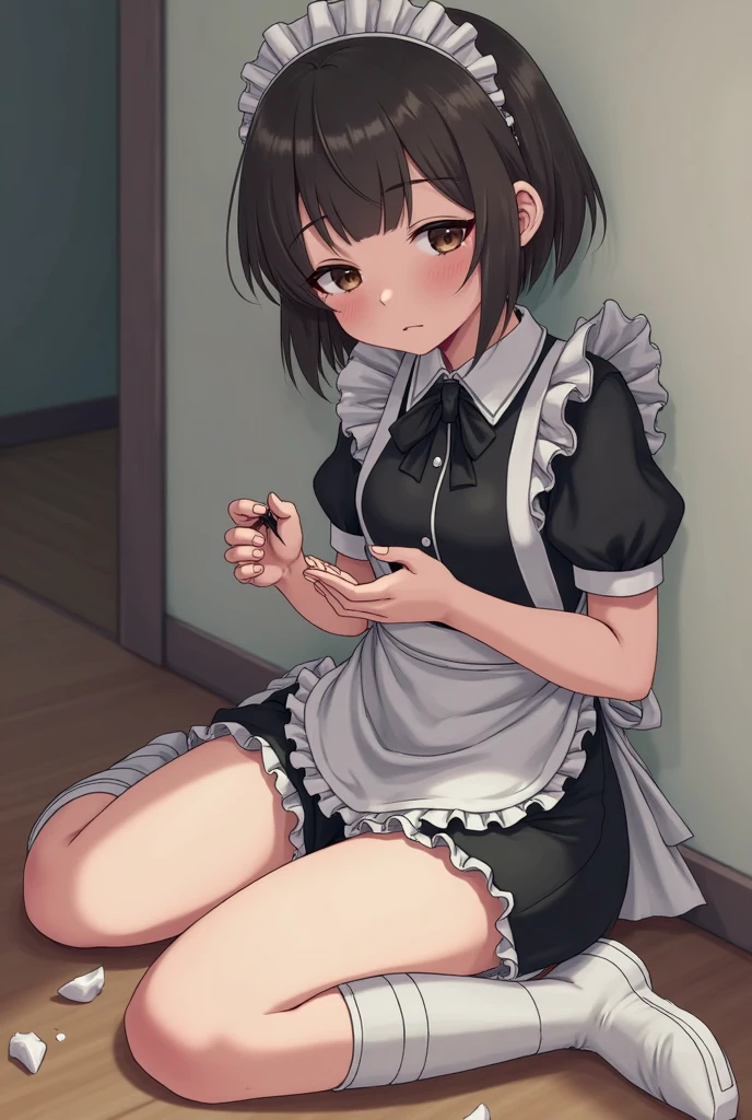 (masterpiece, highest quality, highest quality, Official Art, Cosmetology and aesthetics: 1.2), Bobcut, Black Hair,Short skirt maid outfit, Crossdresser,Cute, delicate and short, upskirt, panties, (all fours:1.2), cleaning,from above, from behind,Luxury House,corridor