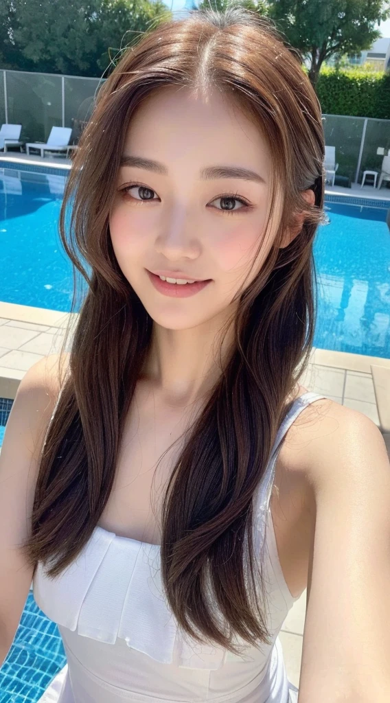 ((highest quality, 8K, masterpiece:1.3)), concentrated:1.2, Perfect body beauty:1.4, Hips:1.2, ((Delicate Hair)), (brightly colored swimwear、bikini、 :1.1) , ((highest quality、8K、masterpiece:1.3))、1 Girl、A sloppy smile、Esbian all over、Slim face、Big 、Beautiful woman、(Dark Brown Hair)、Flickering Valley、Detailed eyes、double eyelid、Blurred Background、超Slim face、Looking down、Indoor heated pool、