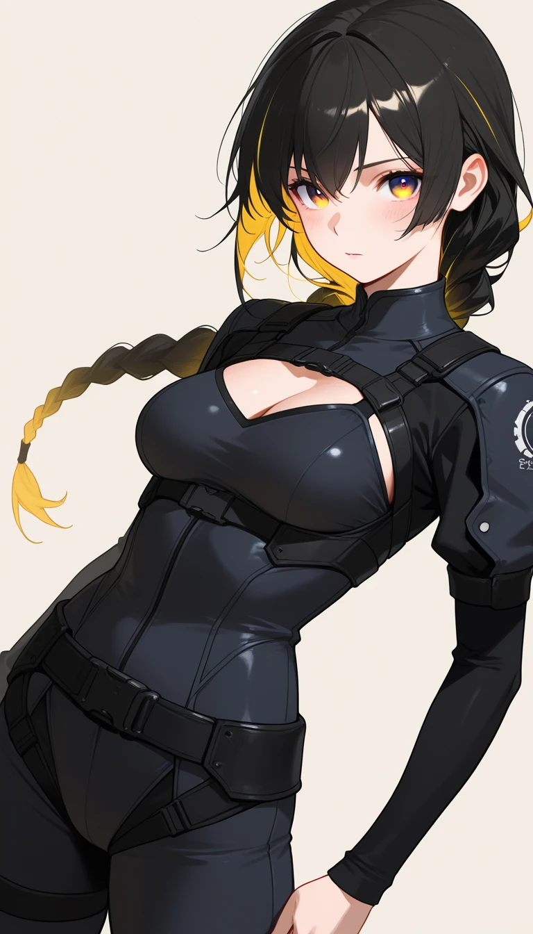 professional artwork, Intricate Details, field of view, sharp focus, detailed painting, photorealistic lighting, trending on pixiv,(masterpiece:1.0),(best_quality:1.0), ultra high res, ultra-detailed, photography, 8K, HDR, highres, absurdres:1.2, Kodak portra 400, film grain, sharp focus, bokeh:1.2, lens flare, (vibrant_color:1.2), (((indoors, office details))), Annerose, 1girl, female mature, black hair, long hair, (yellow eyes), large breasts, white office suit, higheels, soft skin, hair intakes, (solo:1.4), (upper body, half body shot, covered breasts), angry and shy, angry and shy face
