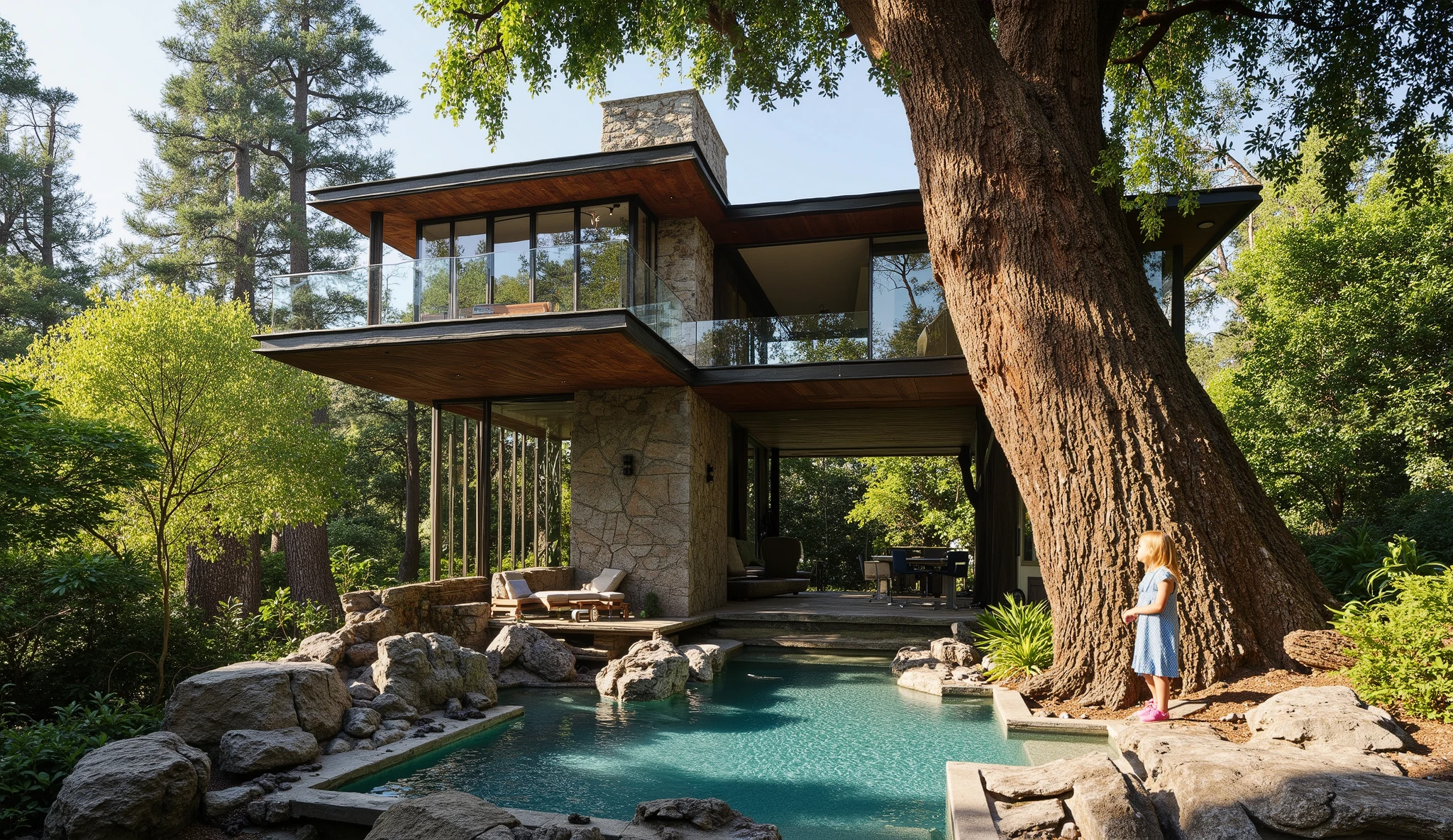 (巨大なtreehouseと豪邸ビルの融合:1.5),(巨木のレッドウッドの上にある巨大treehouse:1.5),(treehouse:1.5),(Modern 3-storey mansion standing on a giant tree:1.5)、There is a luxurious pool、(A waterfall cascades down from natural bedrock:1.5)、A girl is standing、(巨木のレッドウッドの上にある巨大treehouse:1.5)