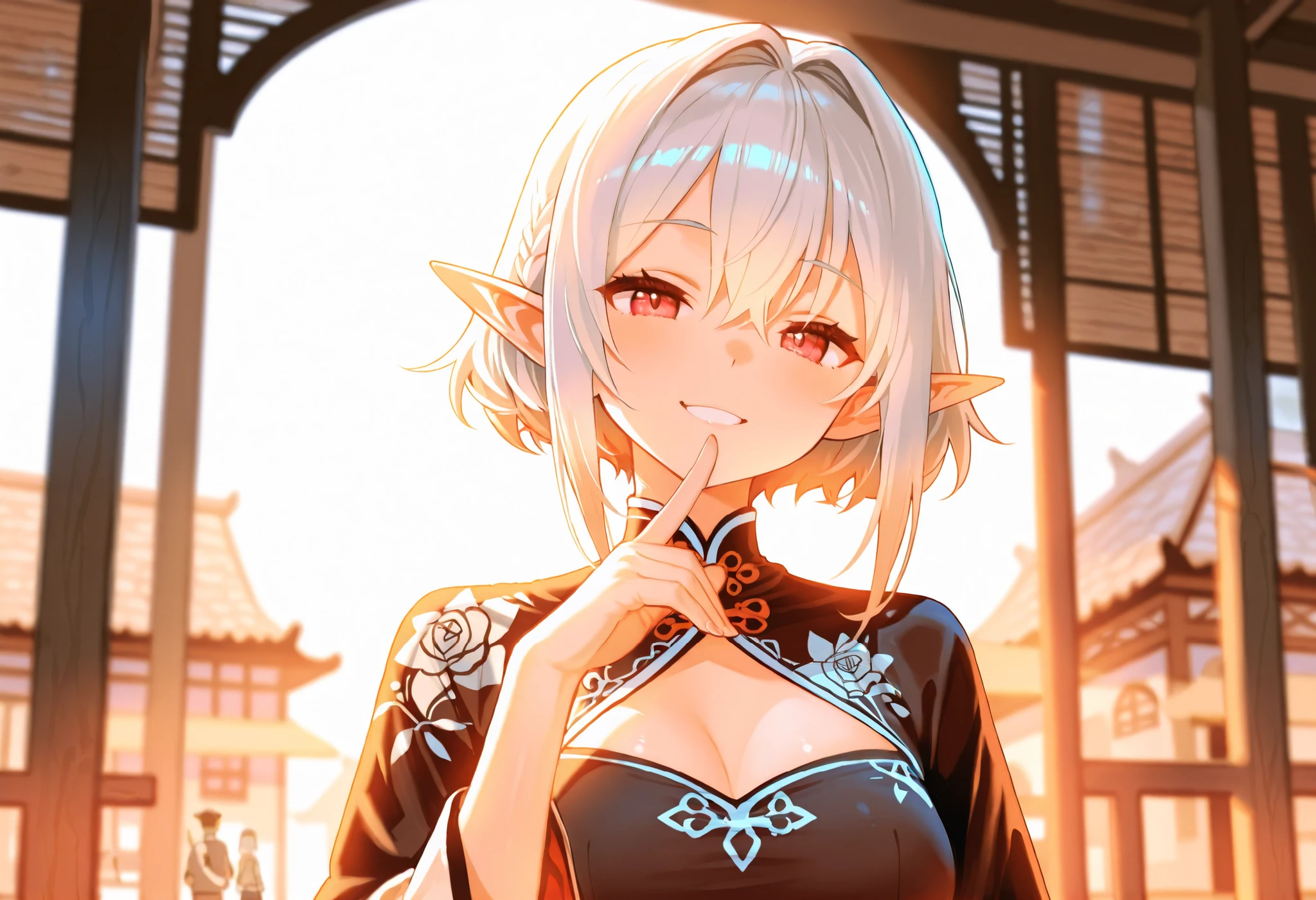 (((Best quality, 8k, Masterpiece: 1.3)), ((best quality)), ((masterpiece)), (detailed), perfect face, perfect body, (detailed skin:1.3), (intricate details), A beautiful elf woman wearing a traditional Vietnamese ao dai, with long silver hair and pointed ears. She is smiling and acting as a local tourist guide in a fantasy-meets-modern setting, resembling the old town of Hoi An. Her elegant ao dai features floral patterns, and she holds a tourist brochure in one hand. The scene blends fantasy elements with Vietnamese culture, showing her gracefully adapted to human society. Soft daylight, warm color tones, cinematic atmosphere, fantasy realism.