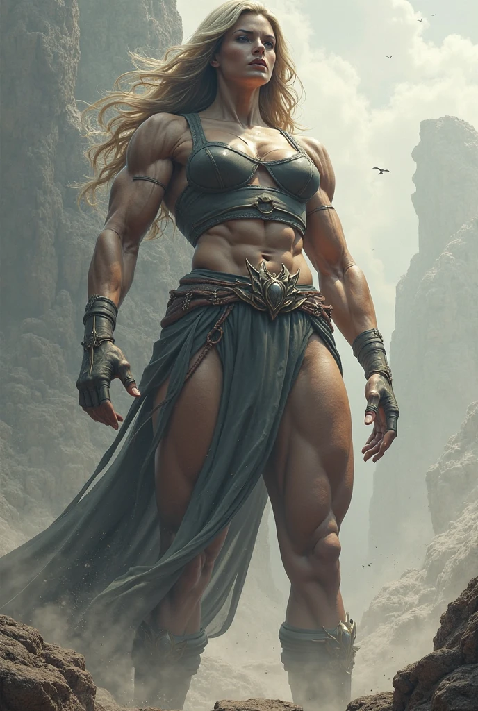 full body standing symmetrical beautiful woman, hyper realistic, 1girl, Asgard, Valkyrie, Lady Knight, correct anatomy, epic fantasy digital art, tmasterpiece, 8k, high definition resolution, detailed drawing, superior quality, epic composition, muscular body, muscular turned arms behind body,