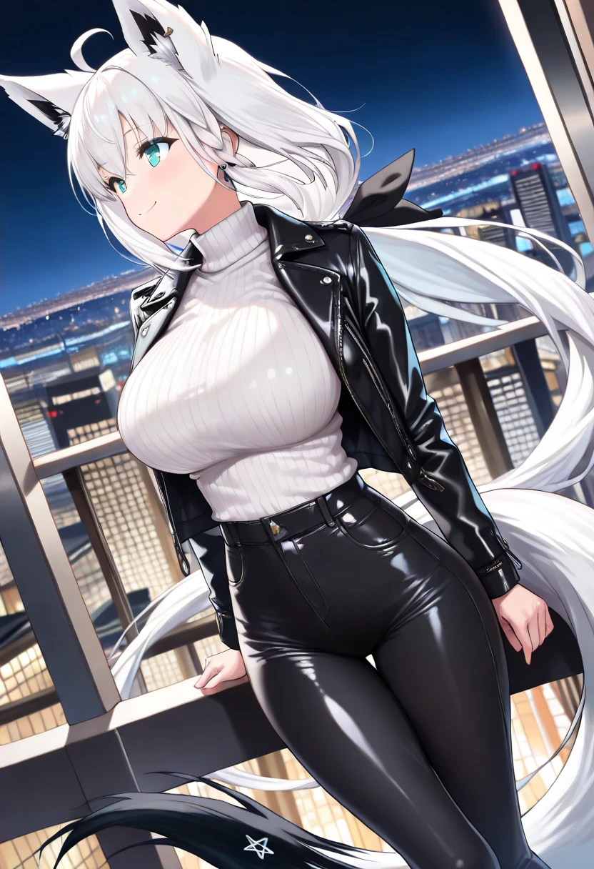 masterpiece, highest quality, 1girl, silver hair, middle hair, night city, (muscular:1.3), black Bomber jacket,