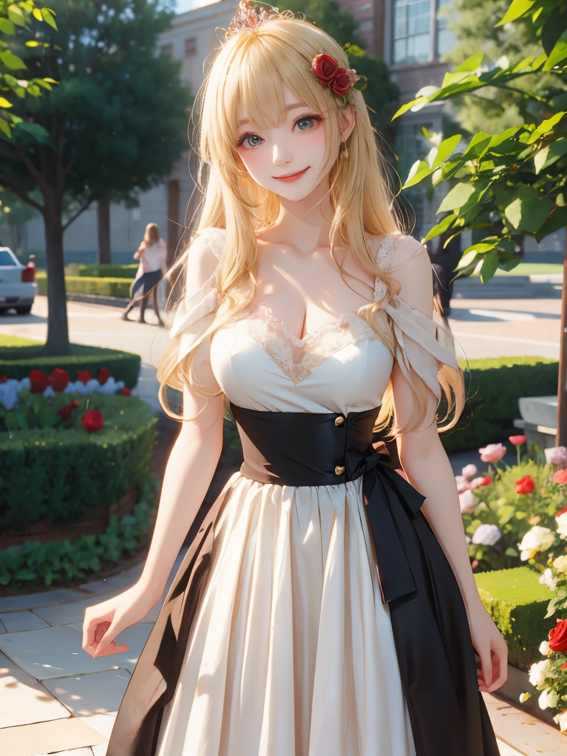 best quality,highly detailed,masterpiece,ultra-detailed,illustration,blonde hair ,hair ornament,stand,indoor,incredibly_absurdres,1girl,medium breast,nose blush ,realistic,long hair,summer_dress,garter straps,bishoujo,waving sv98