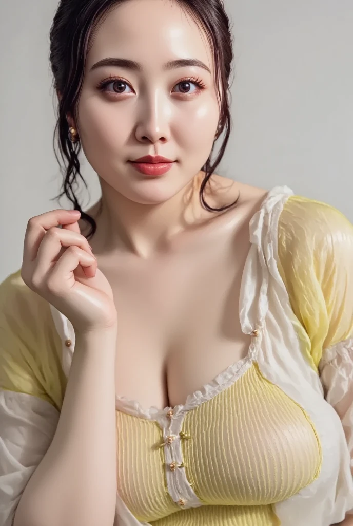 (((best quality))),(((ultra detailed))),(((masterpiece))),illustration,((a girl,solo)),(((fat,plump,overweight))),(obese:1.3),((small breasts,flat chest)),(in Honey Snow City:1.3),(bubble tea:1.2), ((round huge face,double chin)),rosy cheeks, bright eyes,(short ponytail:1.2), delicate earrings,(strapless bra:1.3), floral patterns,(hourglass figure:1.3),(Red and white theme:1.3),cozy tea shop, cheerful posters,sunlight, expressive face, joyful laughter, summer afternoon, content, at ease,((from front,close-up of face))