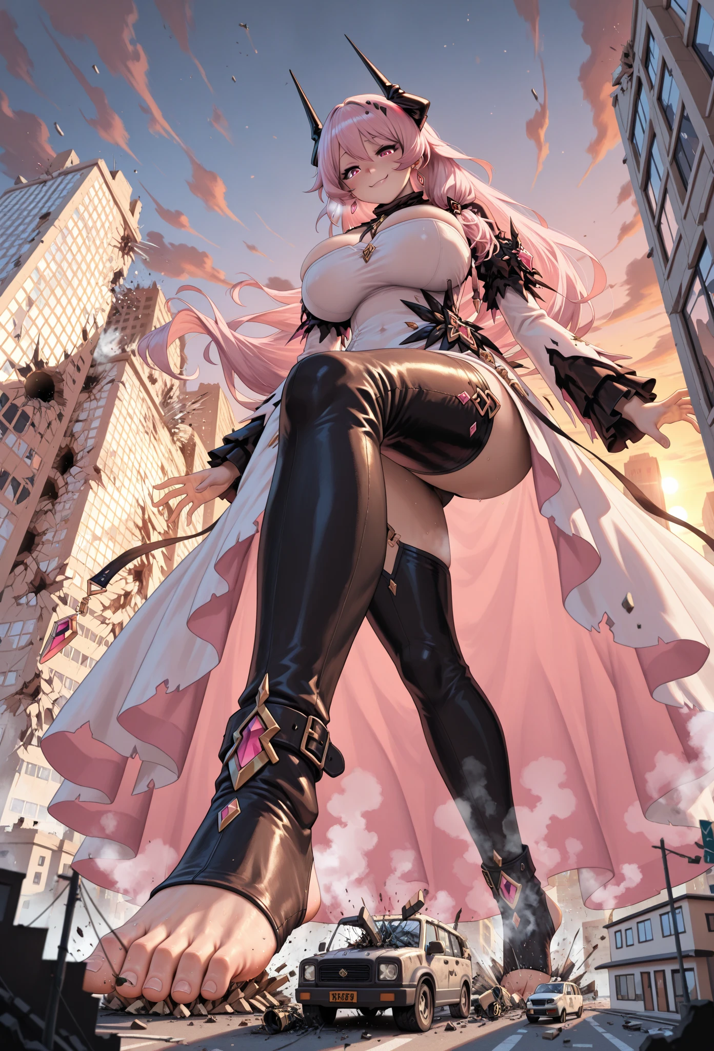 Princess Zelda, wearing black maid costume with short white shorts, extremely tight on the body, has extremely large breasts, very short pink hair, blue eyes, doing sexual pose, looking at the viewer, seductive look, manic smile, on a train crowded with people with different ethnicities, people sitting, people standing, windows, strong light, moving train, She is very happy doing sensual poses for all to see, ((Full Body):1.5)