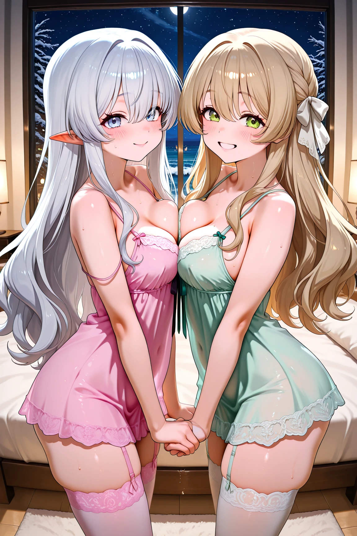4kqulity, top-quality, ,big breast,)on the beds, show breasts, 16age, sexypose, ultra-mini beautiful lingerie and stocking,witching beauty legs, closing eye Feeling face Love Pee, show vaginal rupture,tight dress, royal style white dress with gold embroidery , curly hair, hair down, forehead, white hair, with clear beautiful blue eyes, beautiful skin,sun rays, beautiful smile, white color hair,hair over shoulders, elf, (elf earig breasts, mommy)