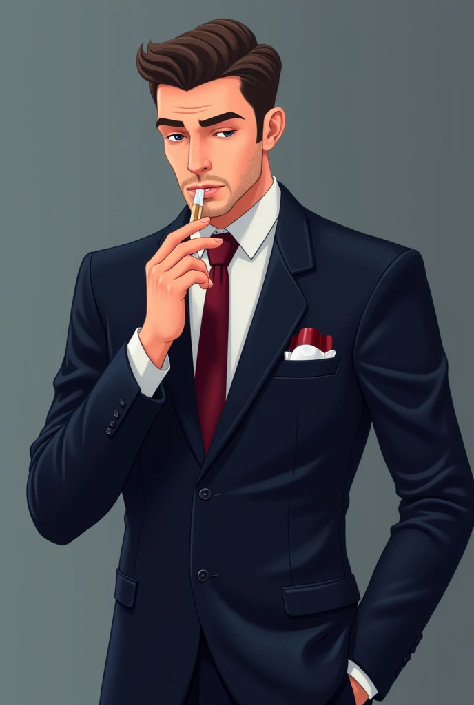 He is a game commentator with blue hair and his right eye is hidden.。
He&#39;s a scumbag who loves women, wears glasses and smokes cigarettes.。
He is wearing a blue suit and a red tie, and his eyes are blue.。
