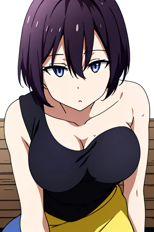 haruna sairenji, hair ornament, hairclip, (purple eyes:1.1), purple hair, short hair, swept bangs, (forehead:1.3),, empty eyes , beautiful breasts, large breasts, solo, nipple, ride a bicycle, nipple , wet