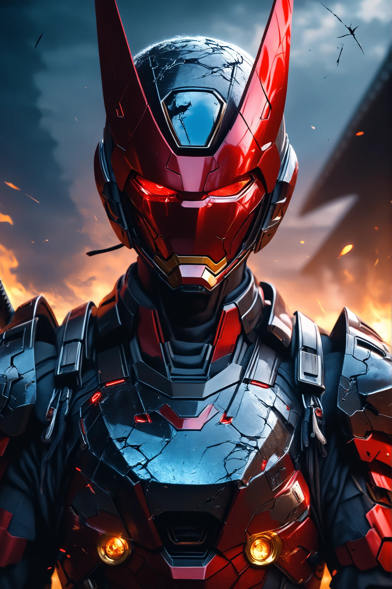 ((EXTREME QUALITY)), ((RAW Ultra 4K)), ((Masterpiece)), ((Ultra Cinematic)), ((High Detail)), ((HDR lighting)), ((digital painting)), ((film grain)), ((soft depth of field)), ((close-up angle)), ((moody shadows)), ((photo-realistic textures))
A stealth samurai-inspired Iron Man with dark futuristic armor, intense close-up of his upper torso and helmet, lone glowing eye behind a cracked faceplate, shoulder-mounted katana hilt slightly protruding from behind the left shoulder, visible tactical cloak with worn textures, high-tech HUD flickering across the visor, subtle reflections of glowing red HUD lights on the inner armor, faint damage marks across his armor plating, ambient particles and ash floating in the air, cinematic shadows, foggy background suggesting infiltration, light hitting one side of his mask dramatically, atmosphere of tension, silence, and honor, lone ronin in a futuristic world
