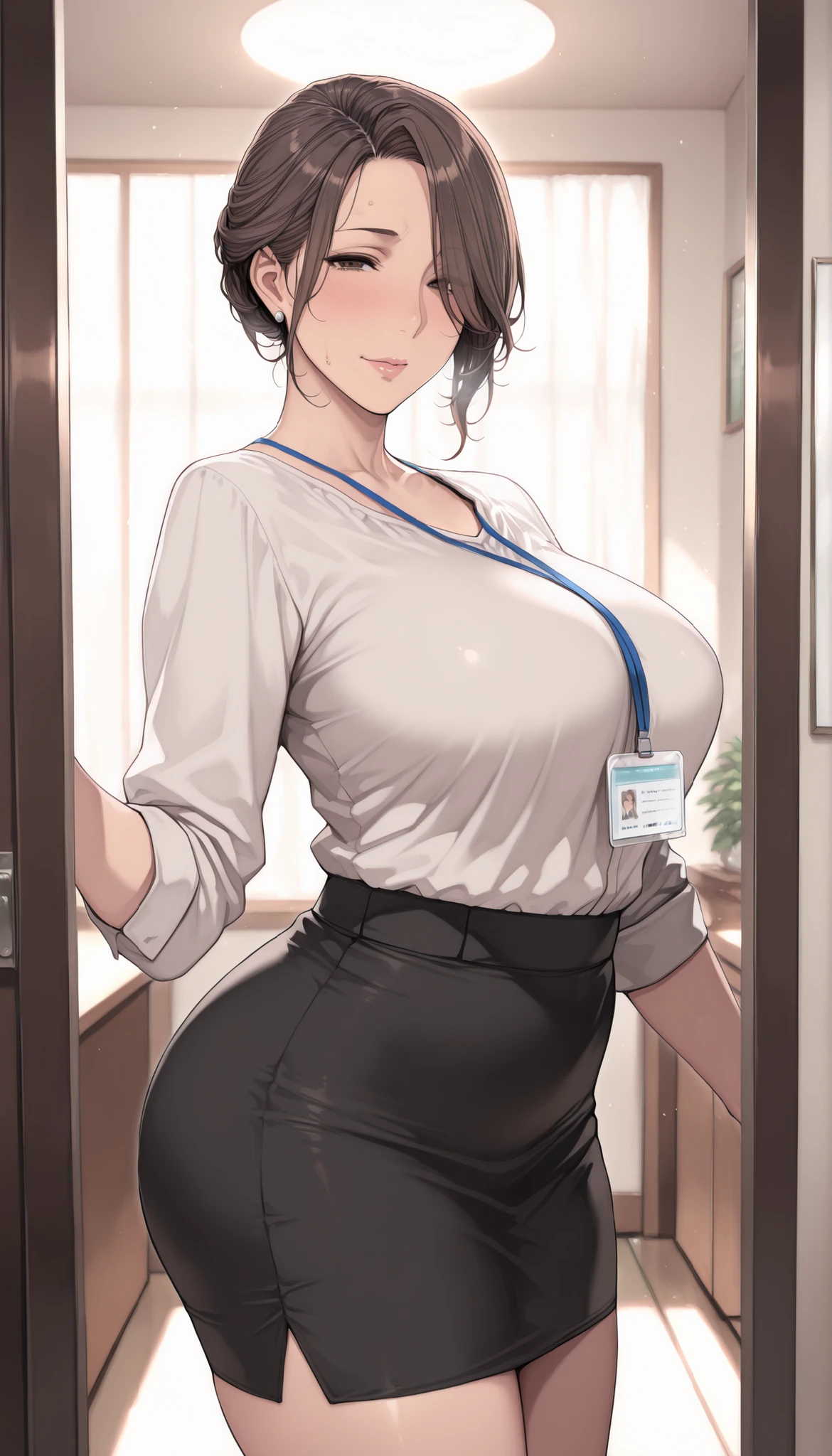 , ((High resolution)),masterpiece, high quality, 最high quality, beautiful, perfect lighting, detailed face, super cute face, ((1 girl)), ((alone), short brown hair, fluffy hair, embarrassed look, ((blush)), looking at the viewer, ((Forehead))、parted bangs、asymmetrical bangs、put your hand on your waist, standing in office, (office), daytime, dress shirt, pencil skirt, (tight clothes), (Chubby), (thigh height), (wide hips), ((thick thighs)), medium breasts, cleavage, perky chest, 24 year old female,Silver bracelet type transformation item