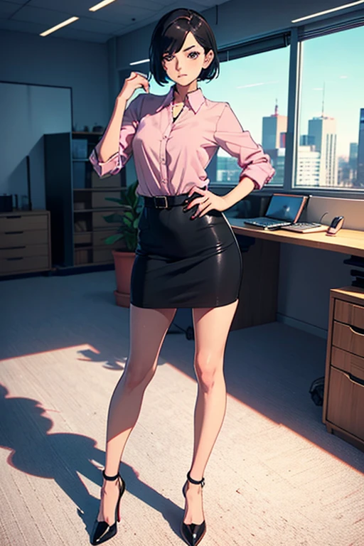 Traje de Lynx, outfit Teacher, rostro detallado, gafas, con curvas, camisa blanca con cuello, tacones con medias negras , mirando al espectador, pose femenino