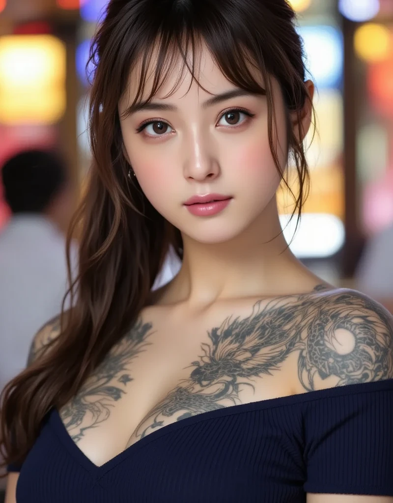 Urban beautiful girl college student, masterpiece, light makeup, red lips, silver hair, messy long hair, street background, beautiful, elegant. super fine details, master works, authentic texture, cinematic lighting realism, perfect job, 16K, hd, exquisite features,blue eyes、japanese idol、Beautiful Face、cute smile、brown hair、beautiful hair、ponytail、glamorous、 big breasts、erect nipples、Oily muscle、shiny skin、tanned skin、Black glowing skin、Wearing a bra top and thong, bright big eyes, smooth skin, earrings, necklace, tattoo