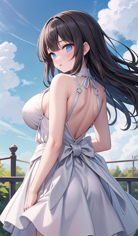Luz | impacto genshin, obra maestra, mejor calidad, 1 chicas,25 years, proporcional body, proporcional., Vestidos de novia, Vestido de novia blanco, Falda larga, boda, pechos medianos, ,bara, gargantilla, Standing in the middle of a flower garden, exterior, boda, el cielo es hermoso, arm behind the back, Ver a los espectadores desde el frente., correa del muslo, nod, aburrido, 10, 10, High Definition, leve sonrisa,