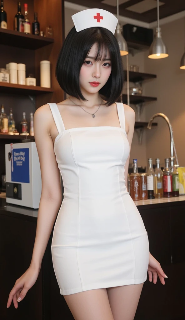 close-up of beautiful South Korean, Kang Ye Bin is a South Korean actress and model, age 25 years old girl, youthful face, white skin body, perfect body, shoulder cut, black hair, straight hair, flat bangs cut, bust size 36 inches, wearing a tight plain standard yellow strapless bodycon mini dress, Ye Bin holding breasts with her own two hands is very sexy and sigh, Ye Bin squeezes the breasts very seductively, Ye Bin lowered her dress a little bit, Ye Bin sits on the male-only barbershop, Ye Bin pees in the male-only barbershop with a sigh, Ye Bin pees, Ye Bin peed herself until she was wet, ((peeing self)), ((pee stain)), puddle, my hair was held by a male barber, then male barber held a pair of scissors in his right hand, then cut my hair forcefully by the male barber using the scissors with a sigh, strand after strand of Ye Bin’s hair fell down, pieces of Ye Bin’s hair now filled the floor around where she was sitting, sexy looking pose, pose a naughty look, at a male-only barbershop, UHD
