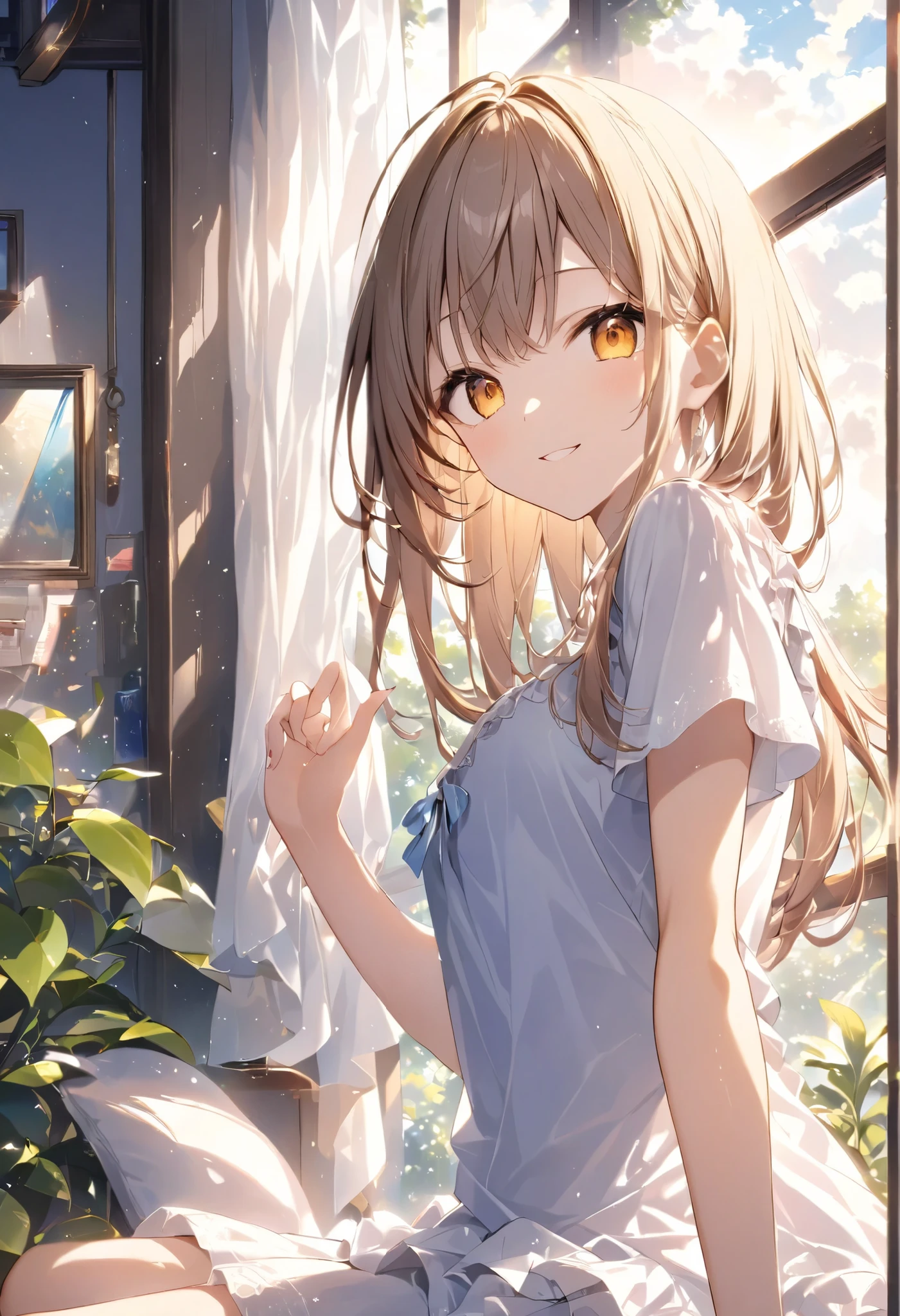 Smiling woman。Bedroom。sunlight。A window where sunlight shines in。