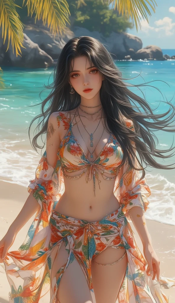 realistic, 1 women, best quality, 12k, HD, long hair, big round breasts, cleavage, ponytail, necklace, jewelry, shorts, short jacket, slim hips, hair tie, yellow eyes, black hair, super detailed, Eye details, hair details, person details, mouth details, face details, breast details, clothes details, hair details, pants details, hand details, whole body