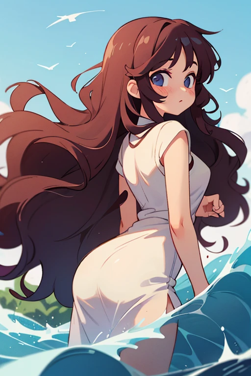 I'm a girl standing extremely beautiful sexy body big chest big chest big waist looking at camera full body and she's naked but clouds are covering her chest and hers giving a sexy touch do as much detail as possible make her face flushed with shame