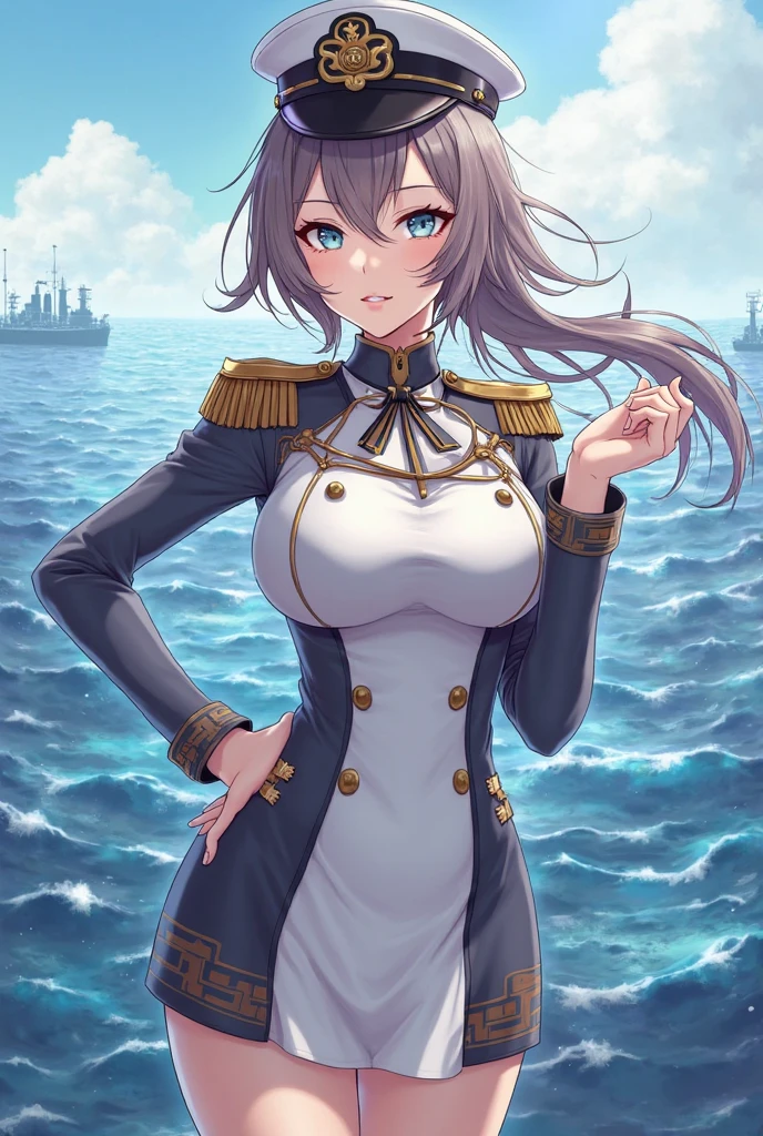 (masterpiece, best quality, RAW photo, intricate details) portrait, head and shoulders, 1girl / Atago / medium dark hair, amber eyes, cat ears, huge breasts, curvy, ((wearing admirals uniform, wearing white skirt, stockings)), harbour background, blue sky, Azur lane, admiralty, service medals:1.8, epaulettes, academy